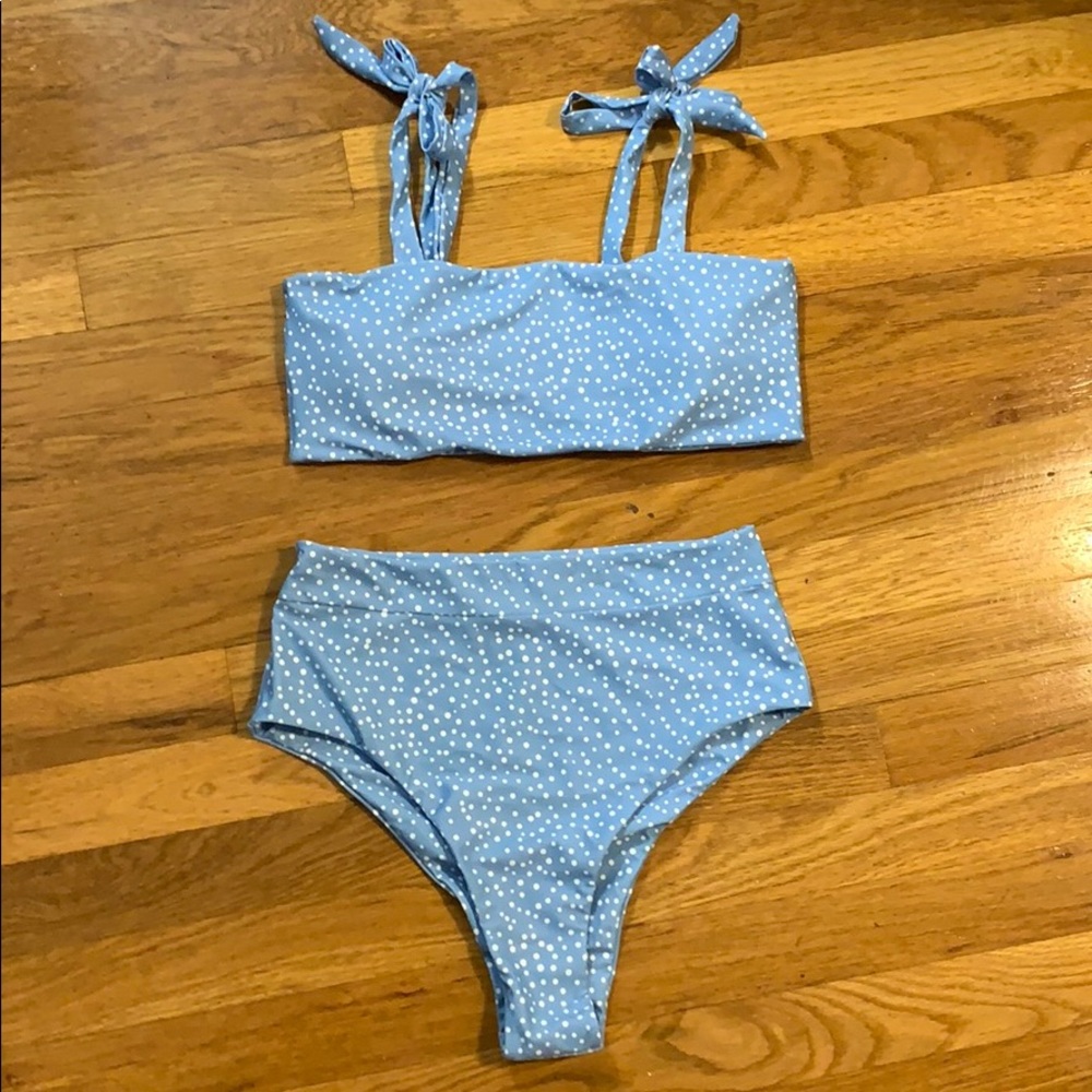Tie shoulder high waisted polka dot bikini